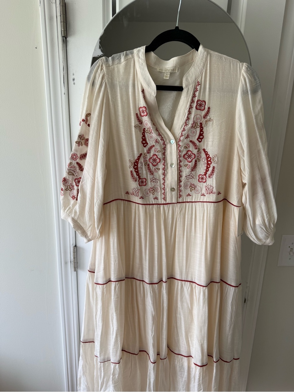 fig and flower Cream Midi Dress with Red Embroidery